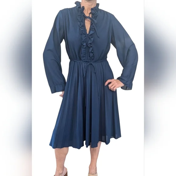 Vintage Women's Sheer Navy V-Neck Ruffle Retro 80s Fashion Blouson Dress Size M - Picture 1 of 7